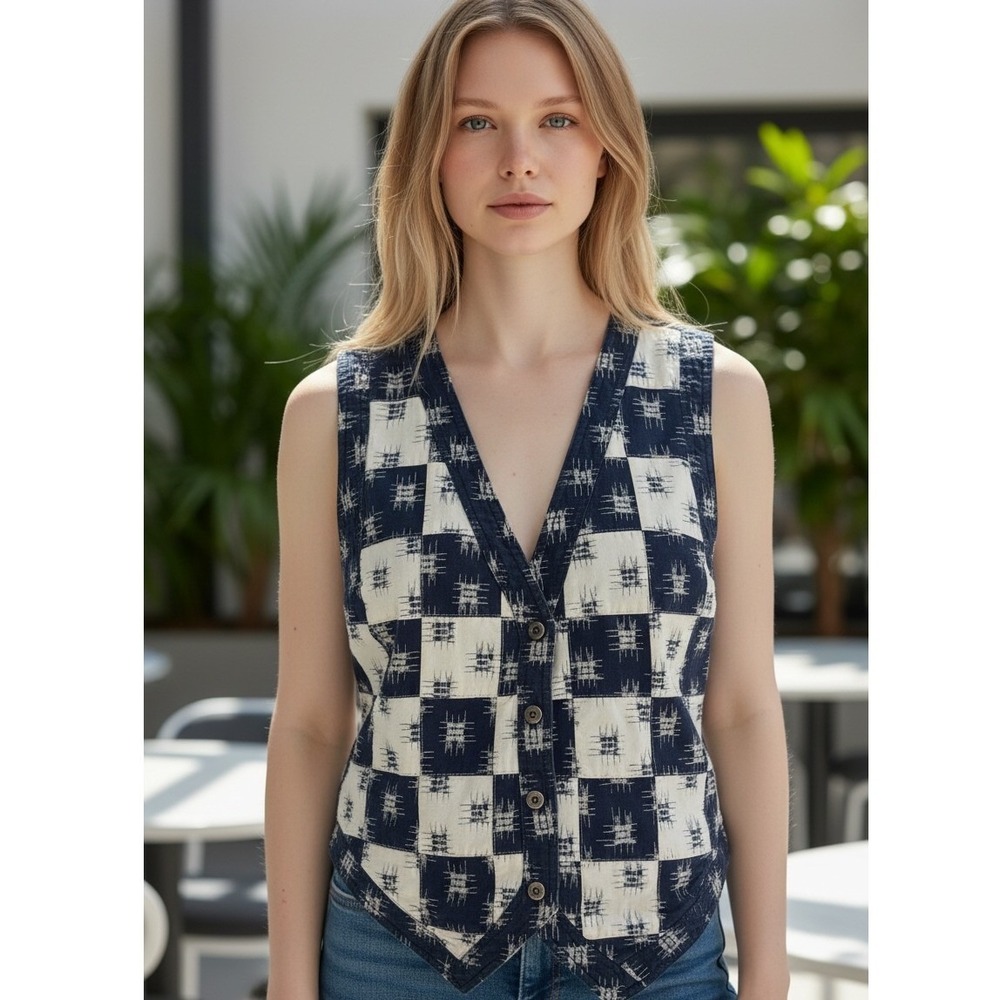 Carole Little Sport Vintage Blue White Checkerboard Cotton Vest Size 14 Boho